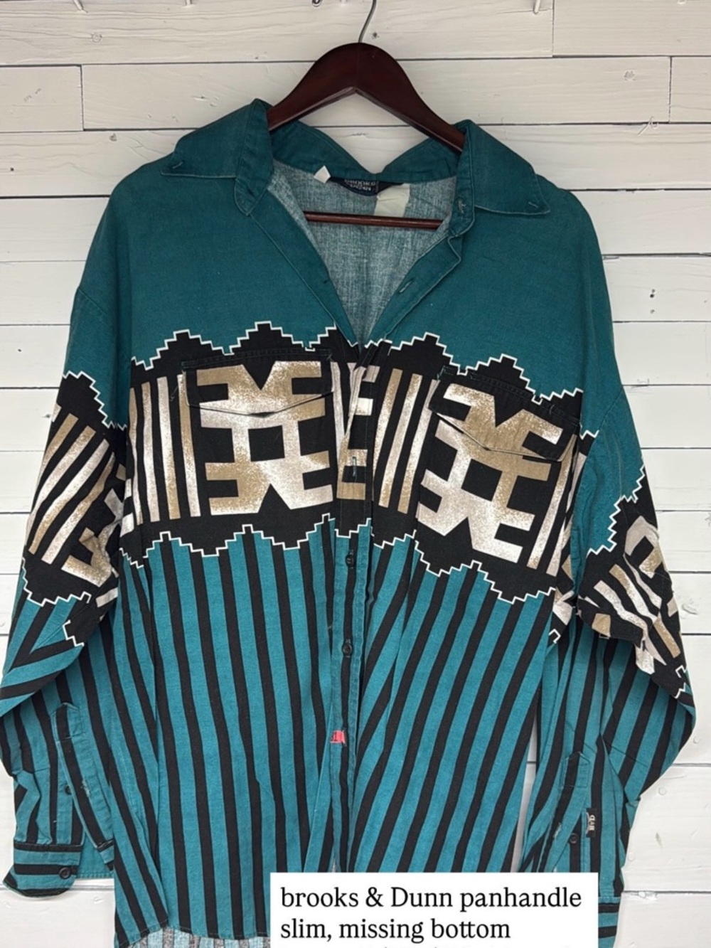 Vintage Western Panhandle Slim Teal & Black Aztec Stripe Button-Up Shirt